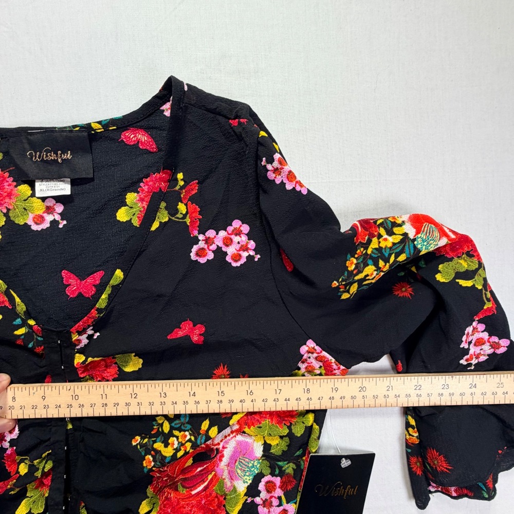 Wishful Black Floral Print Ruched V Neck 3/4 Sleeve Peplum Top XL Grande - Picture 5 of 6